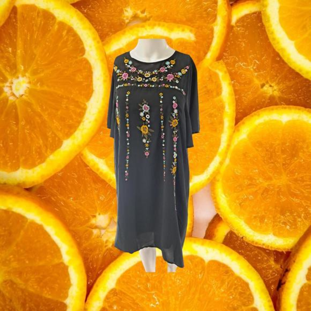 Entro Black Dress‎ with Embroidered Flowers and Sheer Back Size Large